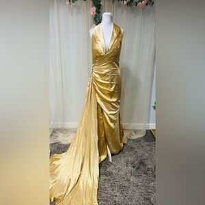 Glamorous Gold Satin Prom Gown with corset back